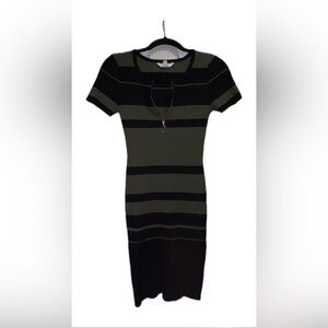 No Boundaries Olive and Black Short-Sleeve Striped Knit Mini Dress